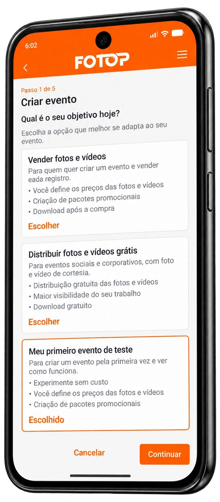 Tela do App Fotop de criação de evento com a escolha do objetivo do evento