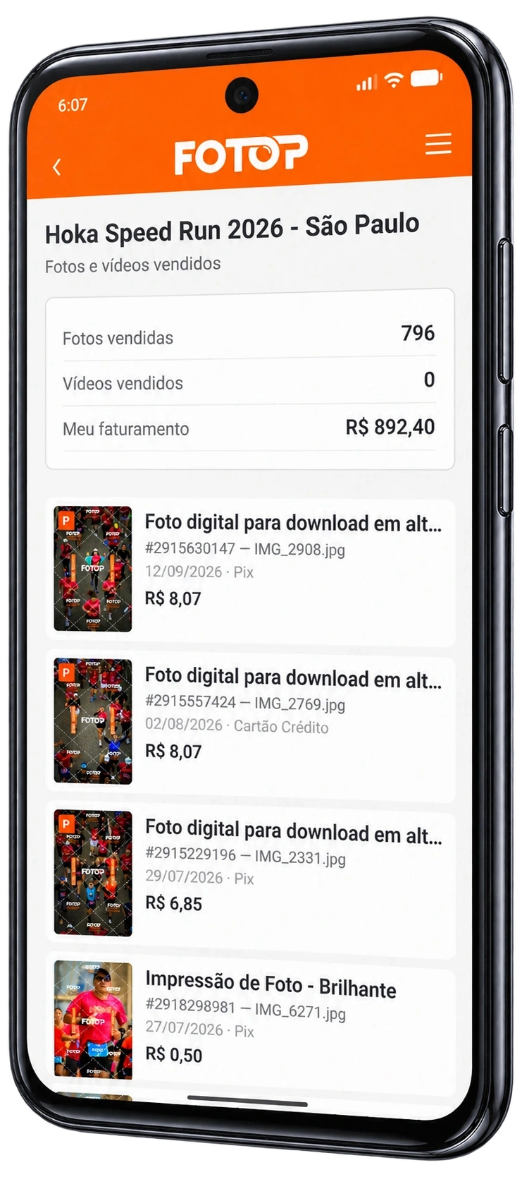 Tela do App Fotop com eventos no período, fotos vendidas e faturamento por evento