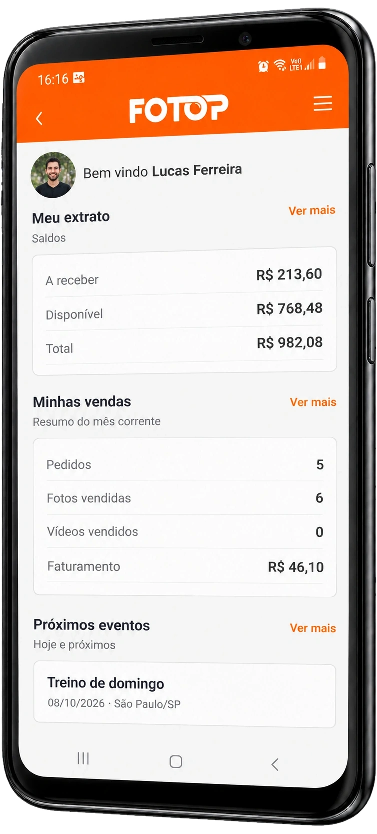 Smartphone com o App Fotop mostrando o extrato com valores a receber e saldo disponível