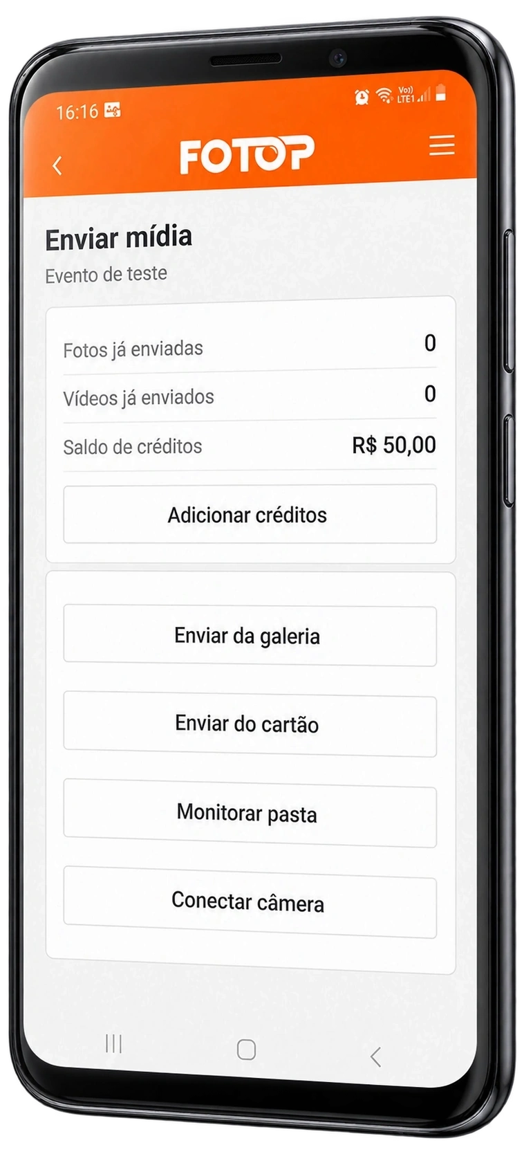 Tela do App Fotop para conectar a câmera ao smartphone e enviar fotos